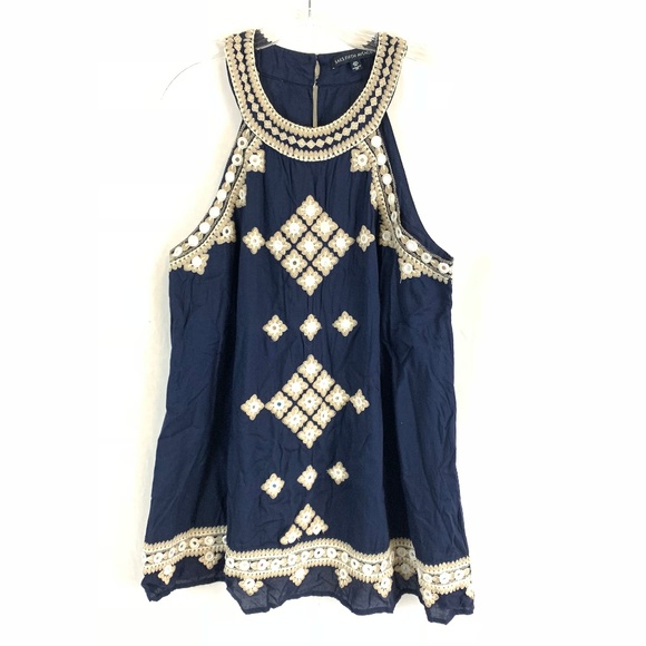 Saks Fifth Avenue Tops - Saks Navy Embroidered Halter Tunic Top